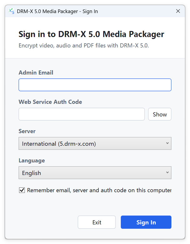 Anmeldeoberfläche des DRM-X 5.0 Media Packagers